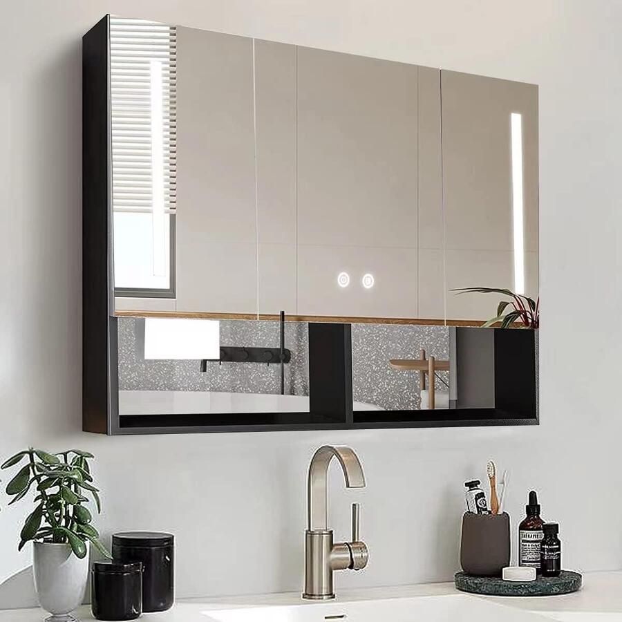 Schoenenkast met spiegel Medicinekabinet met verlichting Badkamer medicijnkast met demogger dimmer 3 deuren H 70 cm x B 90 cm x D 13 cm Surface Mount Hoge sterkte aluminium legering Schoenenkast met spiegel