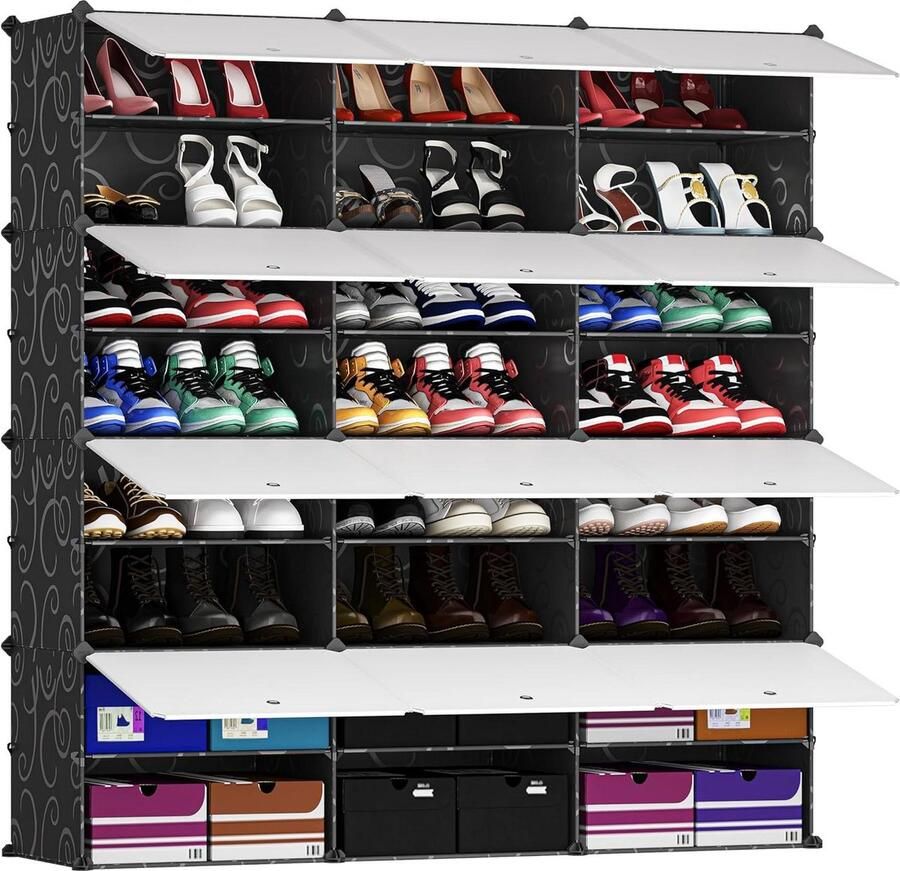 Schoenenkast met spiegel Multifunctionele Modulaire Schoenenorganizer-Verwijderbare Scheidingswand-Kunststof en Metalen Frame-Rekkensystemen en Schoenenrekken-Melkwitte Deuren-Zwarte Kast 3X8 Schoenenkast met spiegel