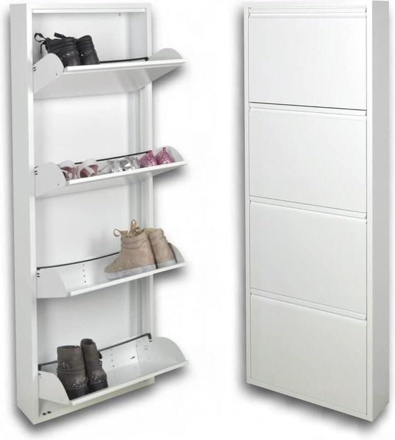 Schoenenkast met spiegel Ruimtebesparende Italiaanse witte schoenenkast met 4 schuifladen voor 12 paar schoenen gemaakt van staal Schoenenkast met spiegel