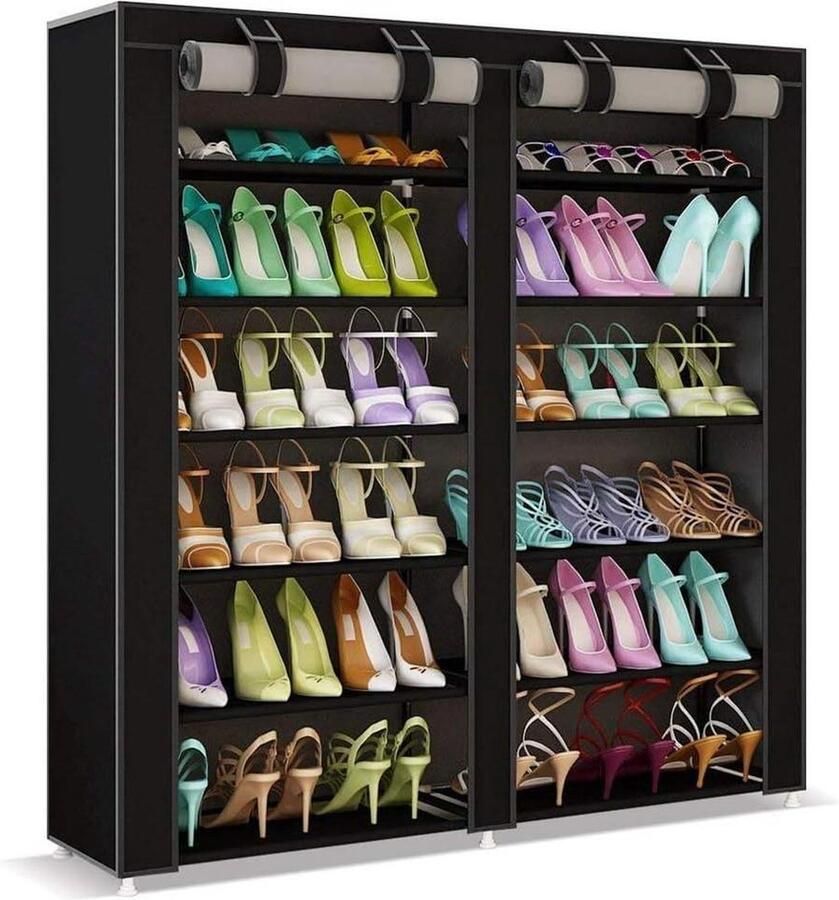 Schoenenkast met spiegel Ruimtebesparende schoenenkast 7 planken 115 x 30 x 110 cm tot 36 paar schoenen stalen structuur waterdicht stofdicht met ritssluiting zwart Schoenenkast met spiegel