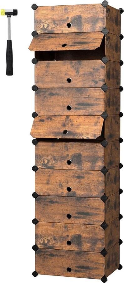 Schoenenkast met spiegel Schoenenrek Plankensysteem Vintage Bruin 10 Vakken Insteekplank Kunststof Draadframe Opberger Schoenenkast met spiegel