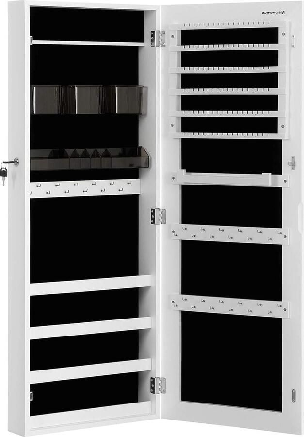 Schoenenkast met spiegel Sieradenkast voor wandmontage Cosmetica-organizers Hangende spiegel zonder frame Slot en sleutel Wit JJC001W01 375 x 97 x 108 cm Schoenenkast met spiegel