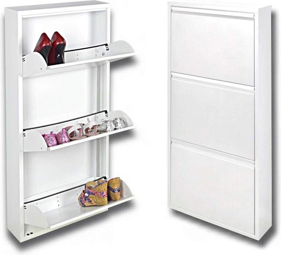 Schoenenkast met spiegel Slim schoenenrek Ruimtebesparend Levenslange garantie Wit metaal 3 deuren Voor binnen en buiten Schoenenkast met spiegel