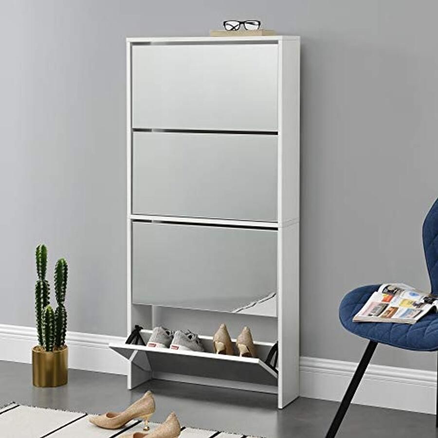Schoenenkast met Spiegels en 4 Vouwdeuren 134x63x17 cm Wit