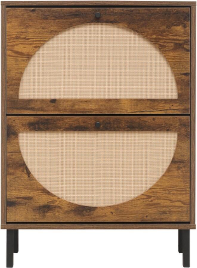 Schoenenkast met twee deuren in vintage bruin verwisselbare halfronde deuren rotanlook lengte 60 cm met achterwand geschikt voor gangen en soortgelijke ruimtes