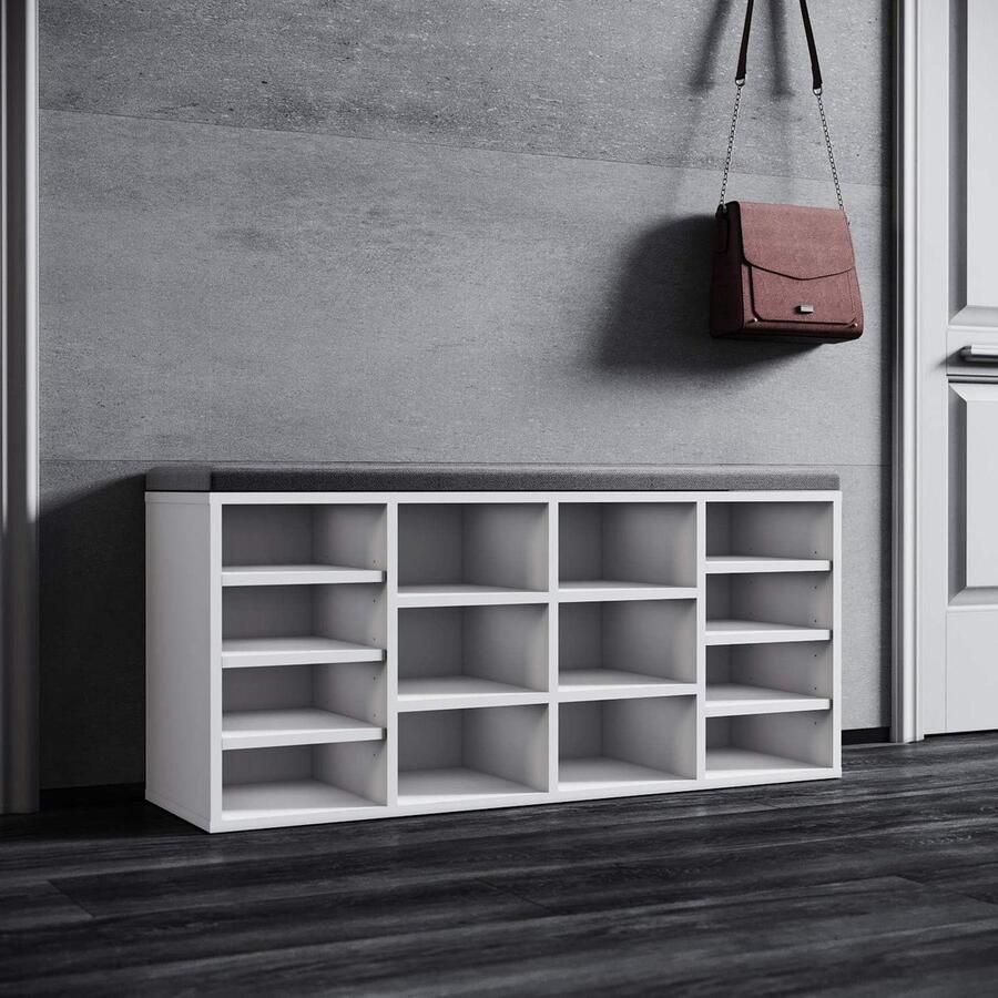 Wit houten Schoenenkast met zitbank verstelbare legplanken Opbergruimte Grijs zitkussen B1035 x D 30 x H 48 cm