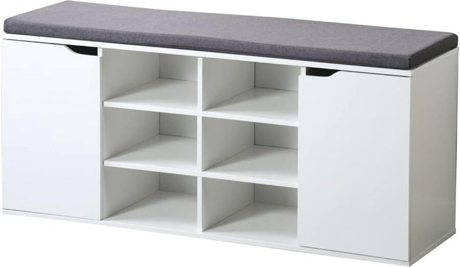 Schoenenkast met Zitkussen en 2 Deuren Wit en Grijs Compacte Afmetingen van 103 5 x 48 x 29 5 cm