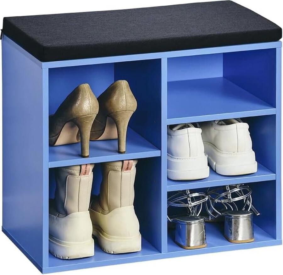 Schoenenkast met Zitkussen Ruimtebesparende Opbergoplossing voor Uw Schoenen Blauw Zwart