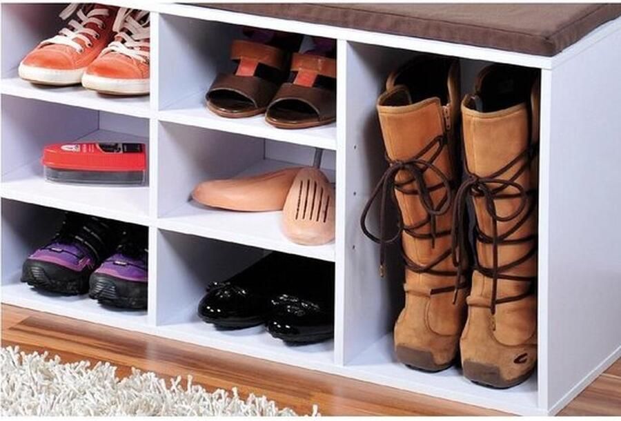 Schoenenkast met zitkussen Schoenenkast met Bruin zit kussen Schoenenrek Afm. 103 5 x 29 5 x 48 Cm. WIT