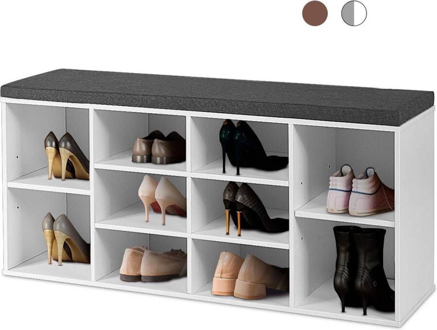 Schoenenkast met zitkussen schoenenrek met 10 legvlakken schoenenrek met flexibele inlegplaten kast voor woonkamer slaapkamer en hal kleurkeuze (wit)