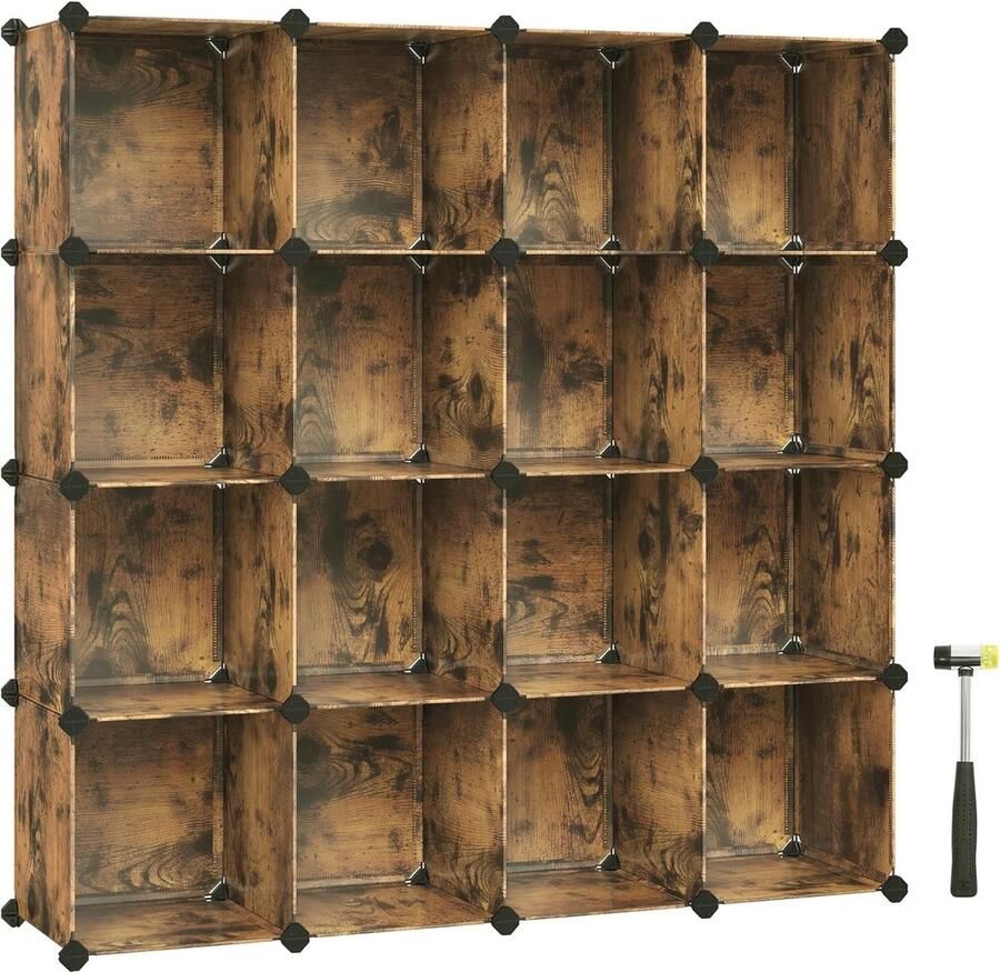 Merkloos schoenenrek modulair rek met 16 kubussen kledingkast huisdierhek slaapkamer cabine ingangskast 31 x 123 x 123 cm vintage bruin