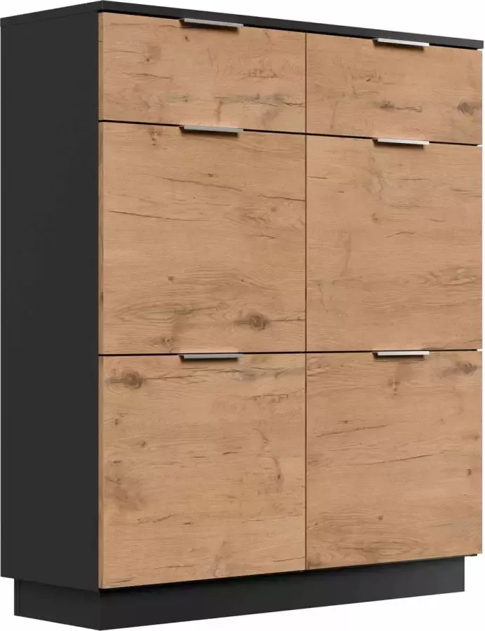 Schoenenkast Moon Antraciet Eiken MDF 16 paar schoenen Breedte 104.9 cm Hoogte 114.6 cm Diepte 36.1 cm Met lades Met kleppen