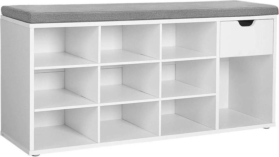 Schoenenkast opbergkast met 10 open opbergvakken 1 lade en schoenenbank stevig en duurzaam houten frame comfortabele zachte zitkussen geschikt voor entree woonkamer en slaapkamer 104 x 30 x 48 cm wit