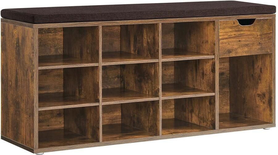 Schoenenkast opbergkast met 10 open opbergvakken 1 lade en schoenenbank stevig en duurzaam houten frame comfortabele zachte zitkussen geschikt voor entree woonkamer en slaapkamer 104 x 30 x 48 cm bruin
