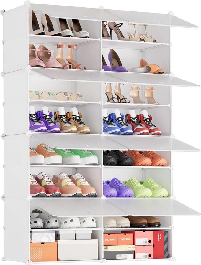 Schoenenkast Opbergkast voor schoenen multifunctionele opbergkast met 2 x 8 niveaus modulaire kubus opbergkast voor ruimtebesparing voor hal-slaapkamer entree voor alle soorten schoenen kleding