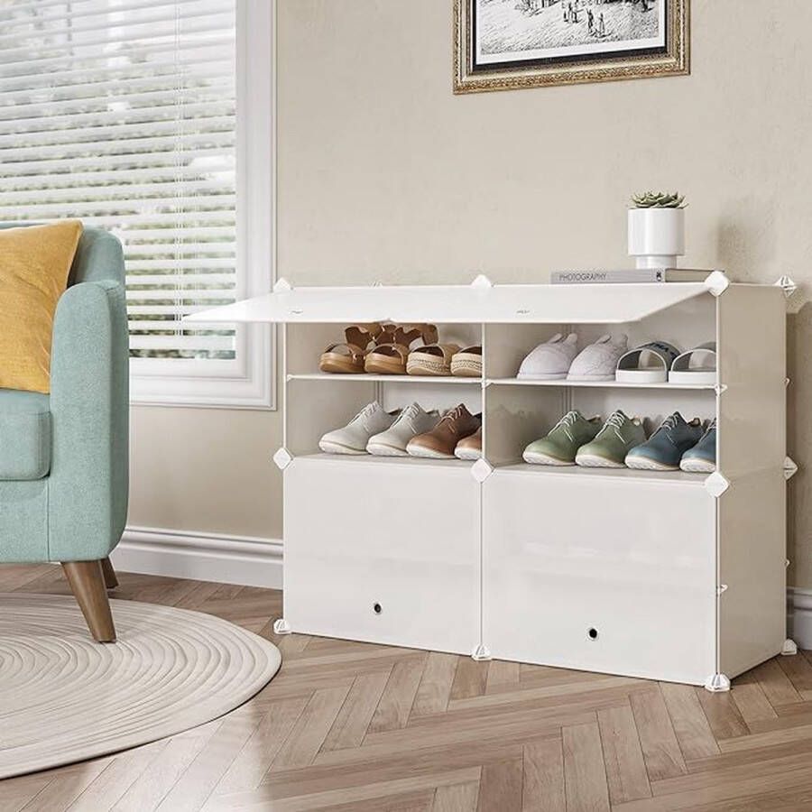 Schoenenkast open compartimenten Schoenenrek Kunststof Rechthoekig Schapsysteem met 8 vakken stapelbaar DIY Schoenenrek voor gang hal woonkamer Metalen Frame 2 * 4