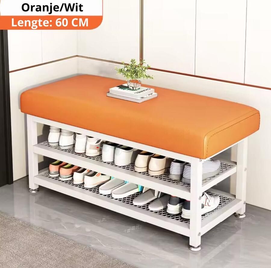 Schoenenkast Schoenenbank Schoenenrek Kruk Opbergruimte Oranje Wit 60 CM Schoenen Opbergen