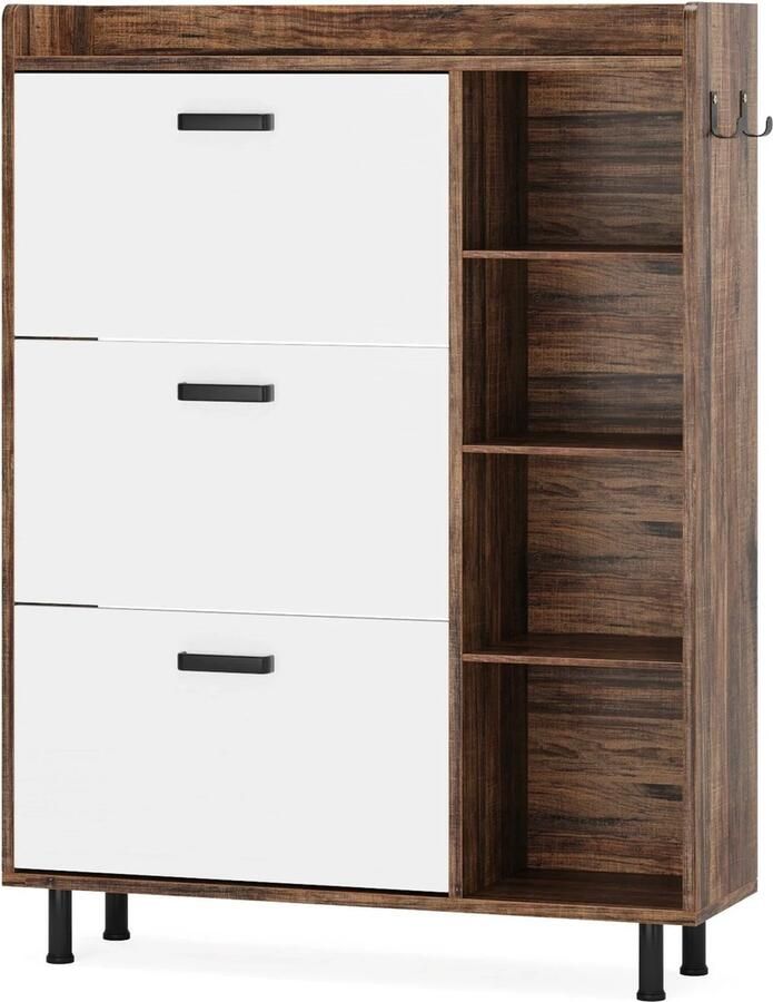 Cozy Cottage Vrijstaande Schoenenkast met Kantelbakken en Laden Kast Houten Schoenenrek 5 Lagen Opslag Moderne Schoenenopberger voor Hal Slaapkamer Gang 90 x 24 x 127 cm B x D x H