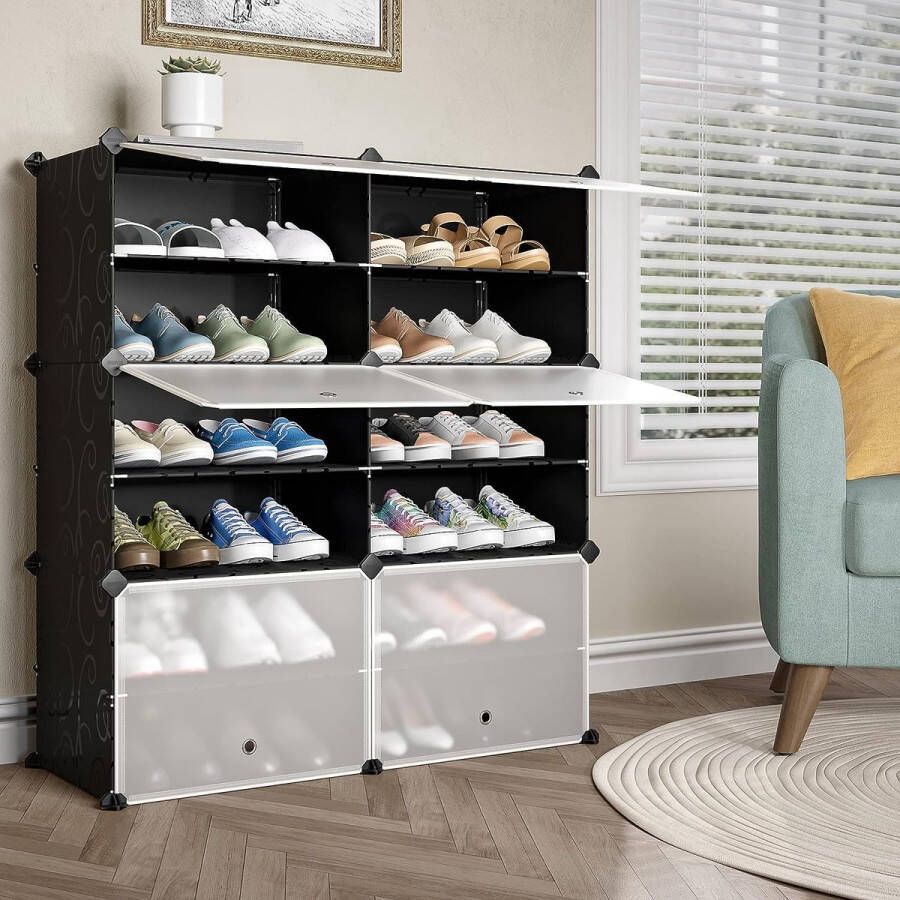 Schoenenkast schoenenopberger kunststof met deur open Schoenenrek Organize Schoenenkast DIY kast met 8 vakken voor praktisch opbergen van schoenen kleding of speelgoed