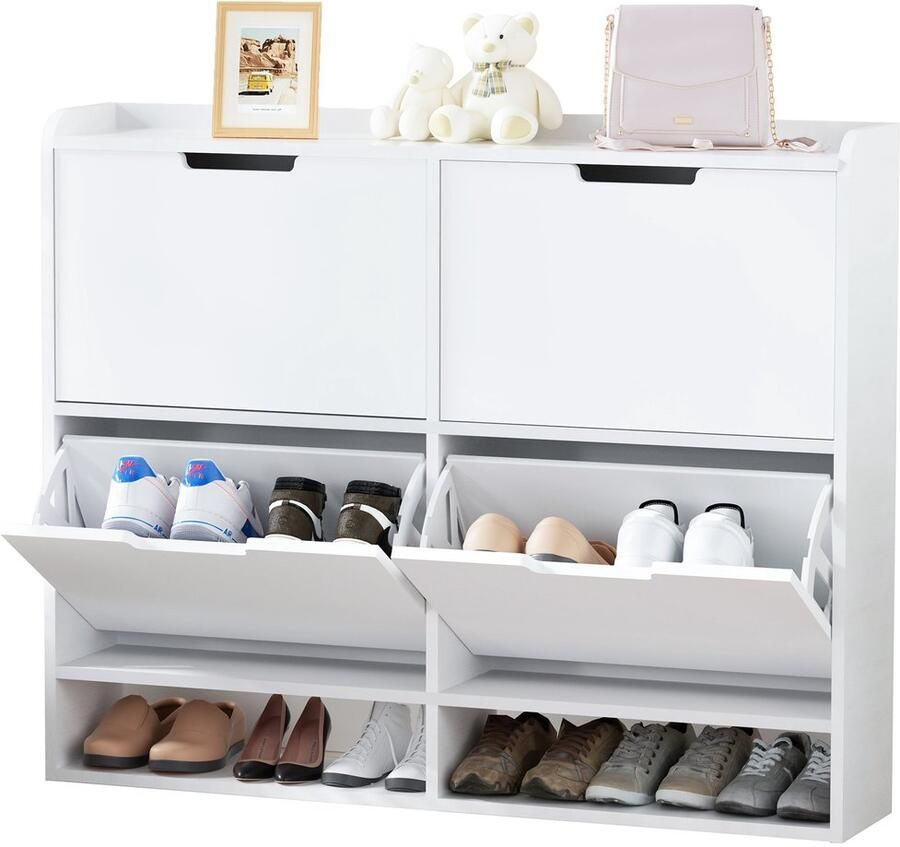 Schoenenkast – Schoenenopberger – Schoenenrek – Halmeubel – Schoenenkast Wit – 4 Lades – Flip-Top Ontwerp – MDF & Metaal – Ruimtebesparend – 16-24 Paar