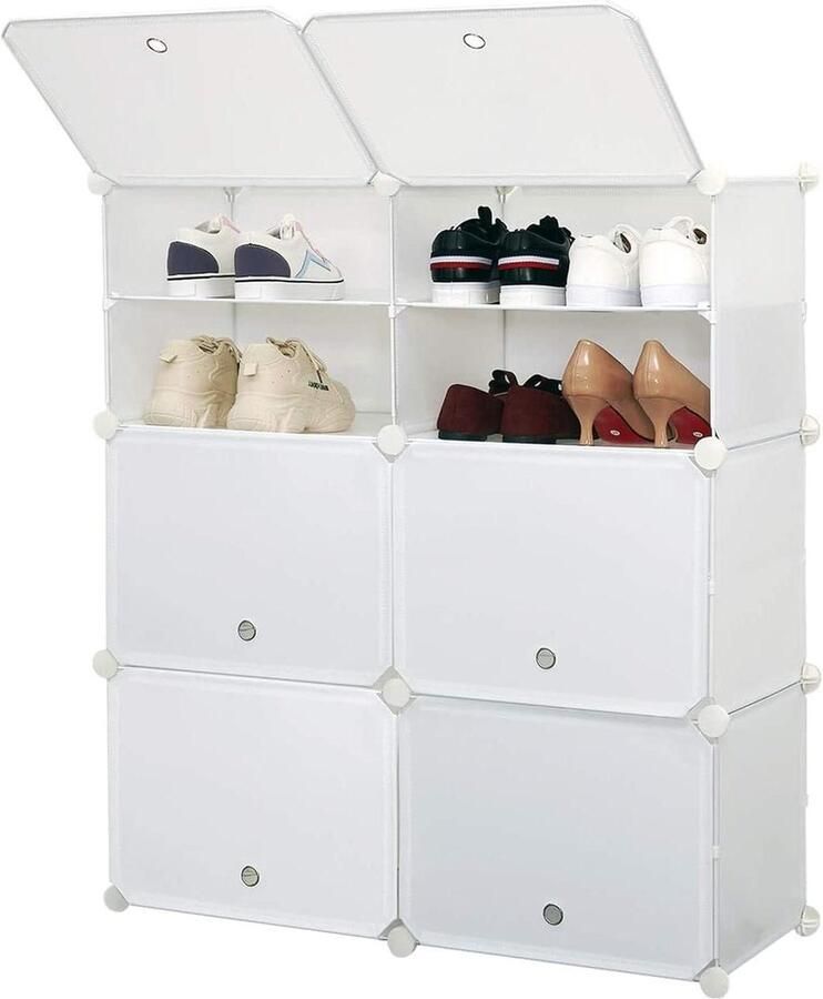Schoenenkast schoenenrek ideeën opvouwbare plastic schoenenopbergunit 6 niveaus modulaire schoenenorganizer ruimtebesparend wit