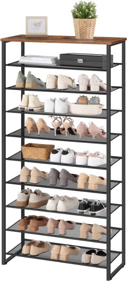 Schoenenkast Schoenenrek met 10 niveaus smal schoenenkast schoen organisator voor 32-40 paar schoenen metaal voor hal woonkamer vintage bruin-zwart