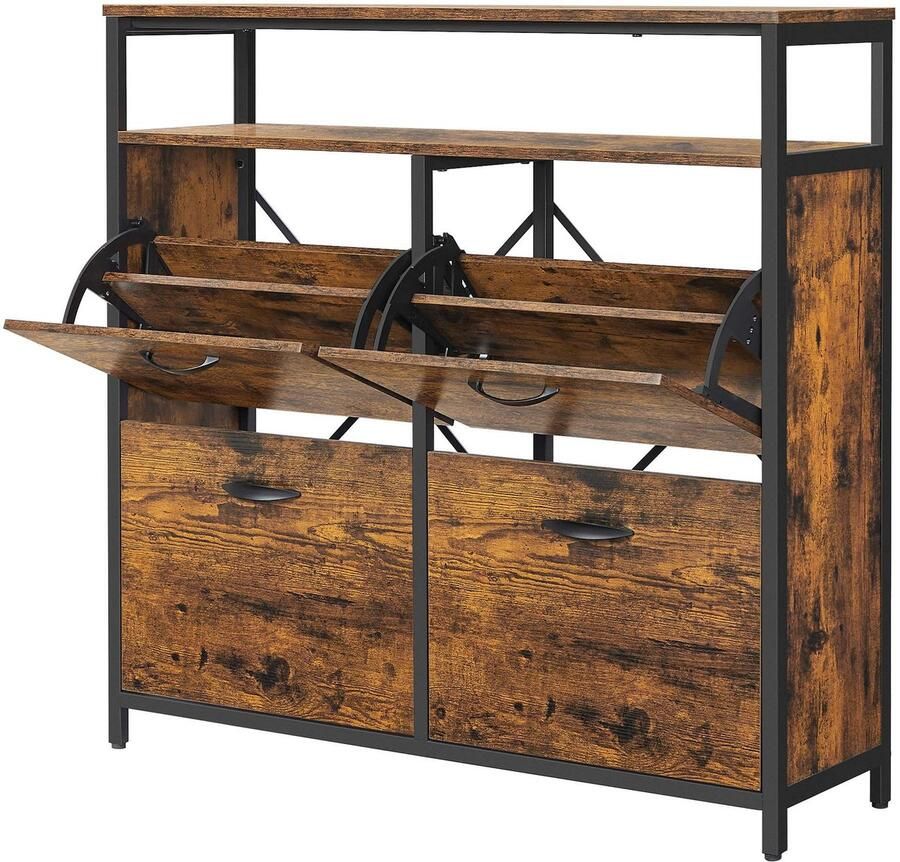 Schoenenkast schoenenrek multifunctioneel opbergmeubel met 4 klapdeuren en 2 open vakken geschikt voor 12-20 paar schoenen stevig frame geschikt voor hal gang en slaapkamer 98 3 x 30 x 95 cm bruin + zwart