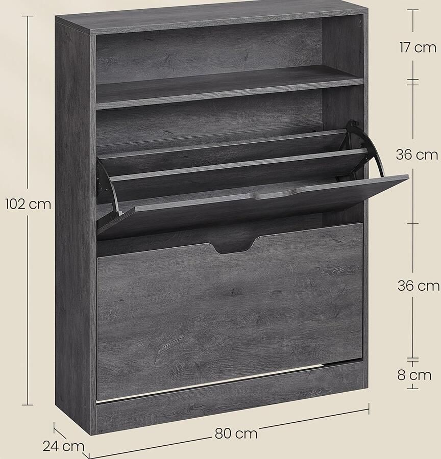 Schoenenkast schoenenrek Schoenenkast met 2 Kleppen Schoenenrek Open Vakken Verstelbare Scheider voor 11-16 Paar Schoenen Hal 24 x 80 x 102 cm