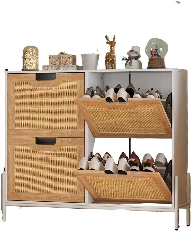 Schoenenkast – Schoenenrek – Schoenenopberger – Halmeubel – Schoenenbank – Vrijstaand – 3 Verstelbare Vakken – MDF & Natuurlijk Rattan