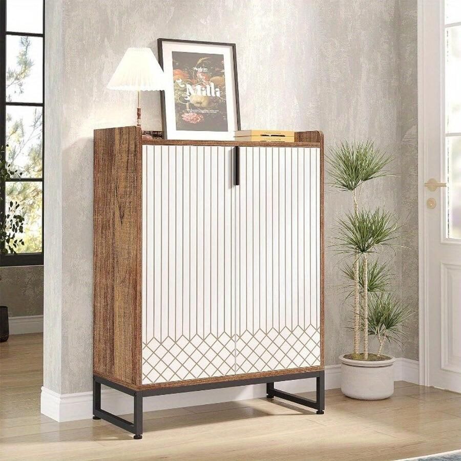 Schoenenkast – Schoenenrek – Schoenopberger – Schoenenkastje – Schoenmeubel – 5 Schappen – Zwart Metalen Frame – Wit Donkerbruin Hout – Ruim Opbergvak – Vrijstaand