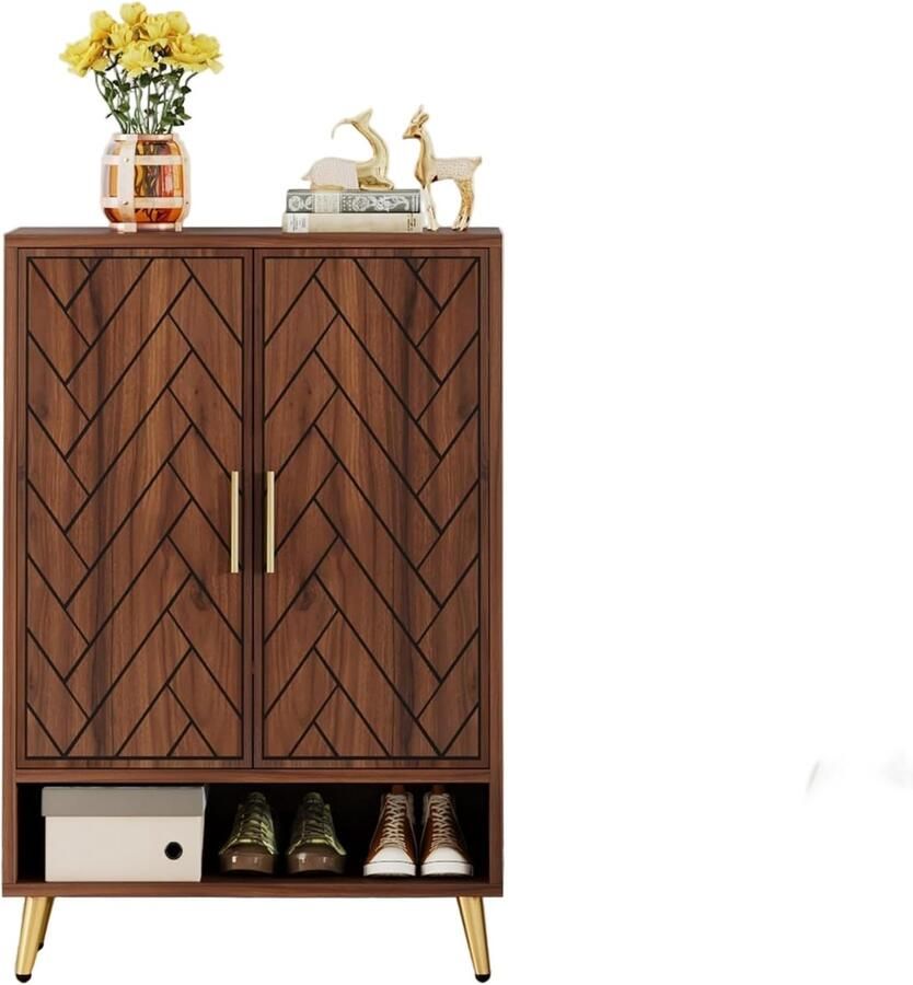 Schoenenkast – Schoenenrek – Schoenenopberger – Halkast – Schoenenbank – 6 Lagen – Hout Met Walnoot – Verstelbare Planken – 24 Paar Schoenen – Gouden Poten