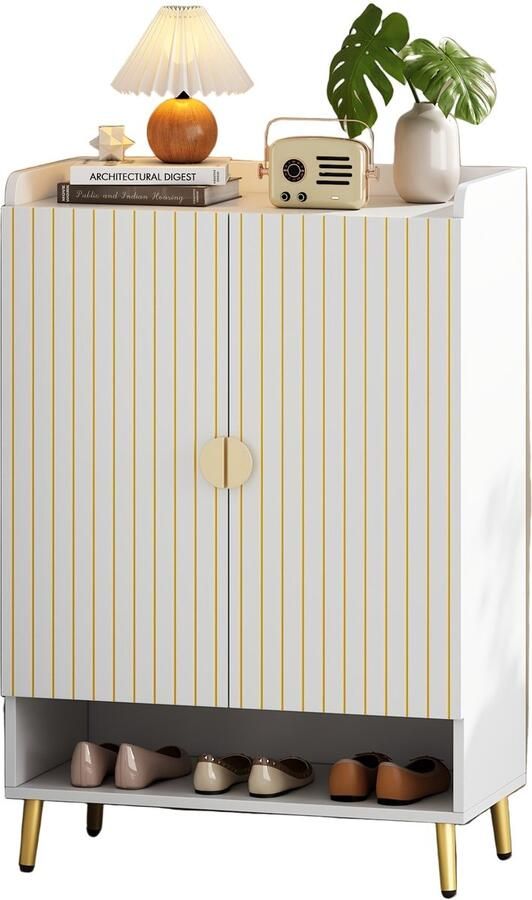 Schoenenkast – Schoenkast – Schoenenrek – Schoenenopberger – Schoenenkast Hal – Wit Bamboe – Dubbele Deuren – 3-Lagen – 20kg Draagkracht – Vrijstaand – Ruimtebesparend – 75x35x110 cm