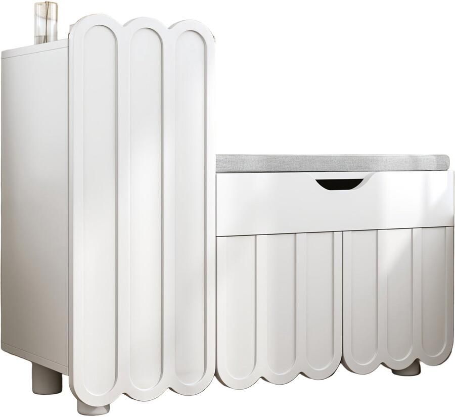 Schoenenkast – Schoenmeubel – Schoenrack – Schoenopberger – Schoenbank – Modern Wit – 3-Deurs – Zitbank – 3 2+ Kubieke Voet Opbergruimte – Duurzaam Niet-Houten Materiaal