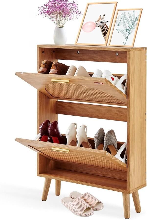 Schoenenkast smal Houten schoenrek Geschikt voor hal 1 stuk Houtkleur 600 x 168 x 877 mm