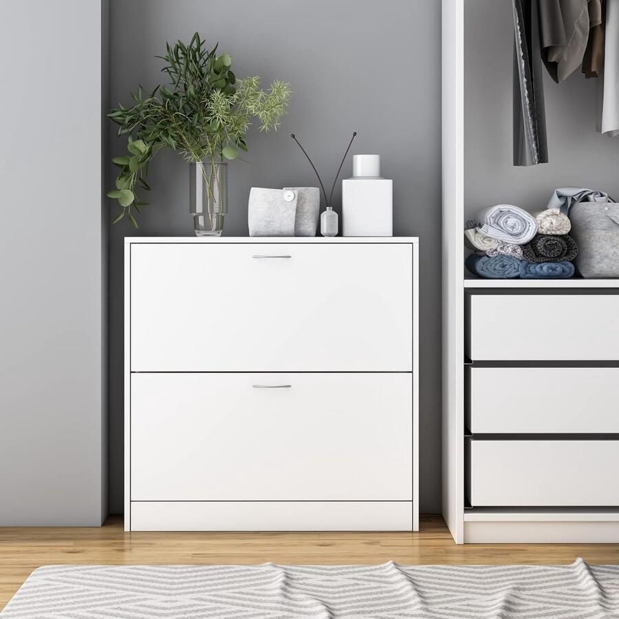 Schoenenkast Smal – Wit – Met 2 Klapladen – Voor 8–16 Paar Schoenen – Voor Hal of Entree – 80 x 80 x 23 5 cm