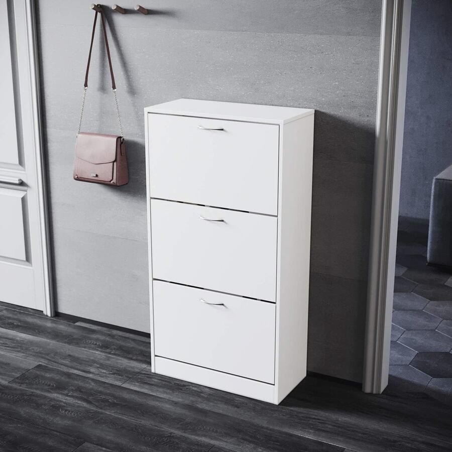 Schoenenkast smal wit met 3 kleppen Opbergoplossing voor 27 paar schoenen (H B D) 120x63x30cm