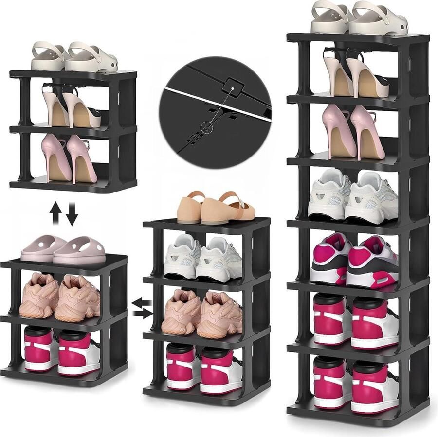 Senza Marchio Schoenenkast Verticaal Schoenenrek met 7 Niveaus Zwart Opbergrek Ruimtebesparend Organizer voor Hal Slaapkamer Woonkamer