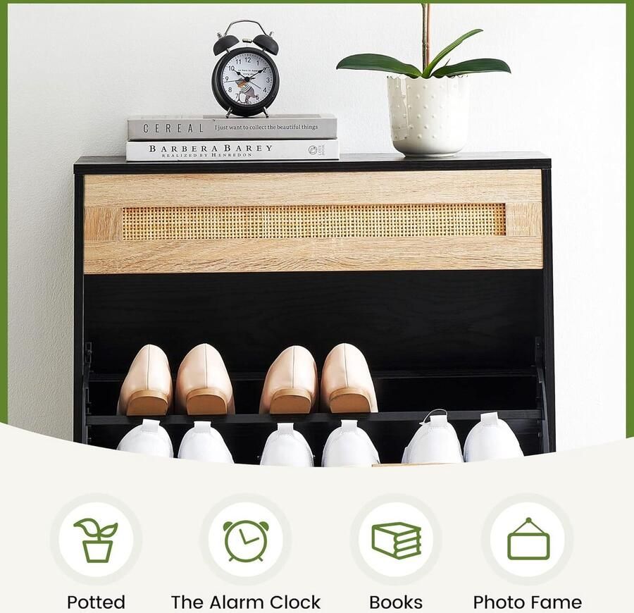 Schoenenkast voor 12 paar schoenen 2 deuren rotan schoenenkast met verstelbare planken smalle schoenenopbergruimte voor hal of gang 102 x 24 x 61 cm-Zwart