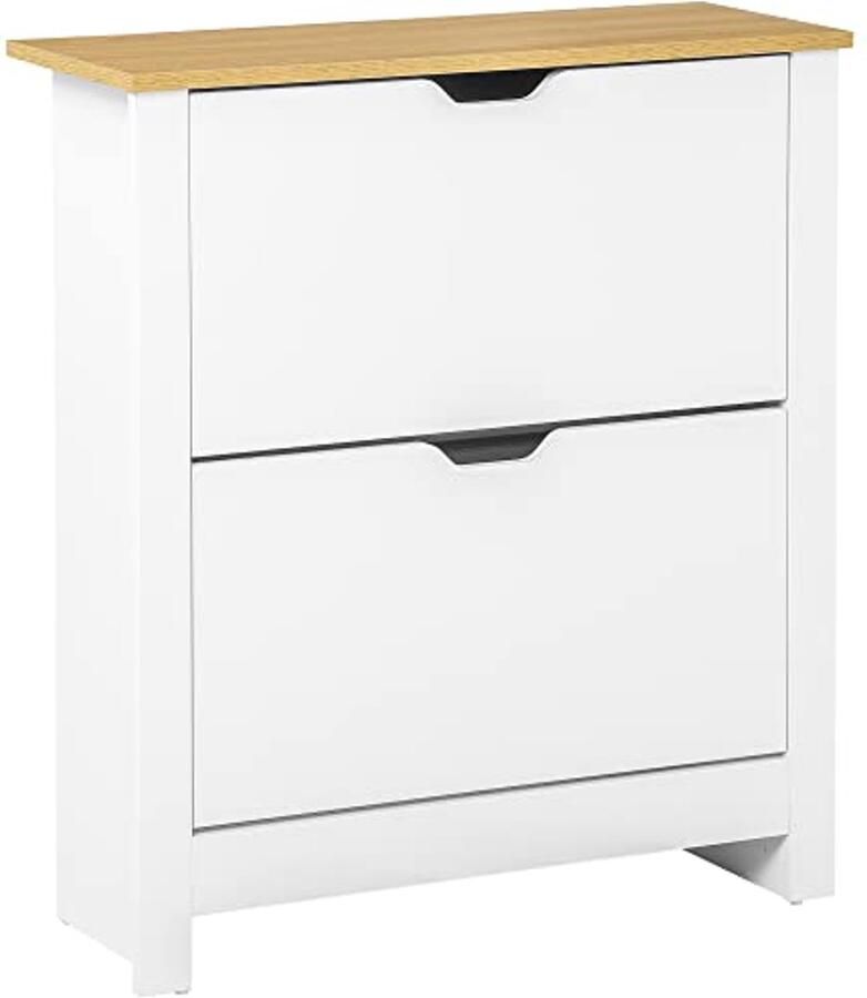 Schoenenkast voor 12 paar smalle opbergkast met opklapbare laden en verstelbare planken moderne stijl voor hal of entree 72 x 26 x 80 cm wit en eiken