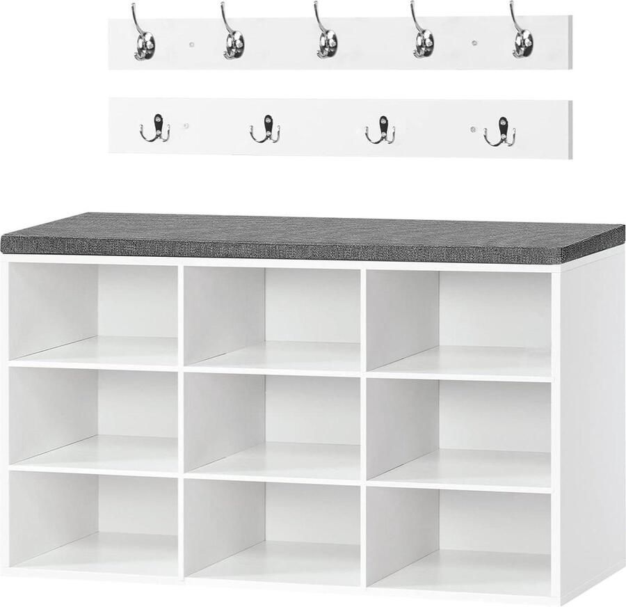 Senza Marchio Schoenenkast met spiegel garderobeset schoenenrek Schoenenbank met 9 vakken zacht beklede zitbank met schoenenrek Wandgarderobe met 9 haken Schoenenkast voor de gang entree slaapkamer wit EWT89HX01 Schoenenkast met spiegel