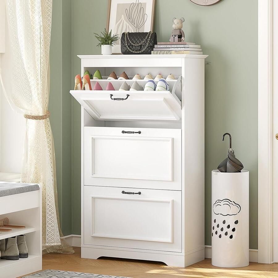 Schoenenkast wit schoenenkast met 3 kleppen schoenenkast schoenenrek met verstelbare en afneembare scheidingswanden voor 14-18 paar schoenen houten schoenenkast voor de ingang hal