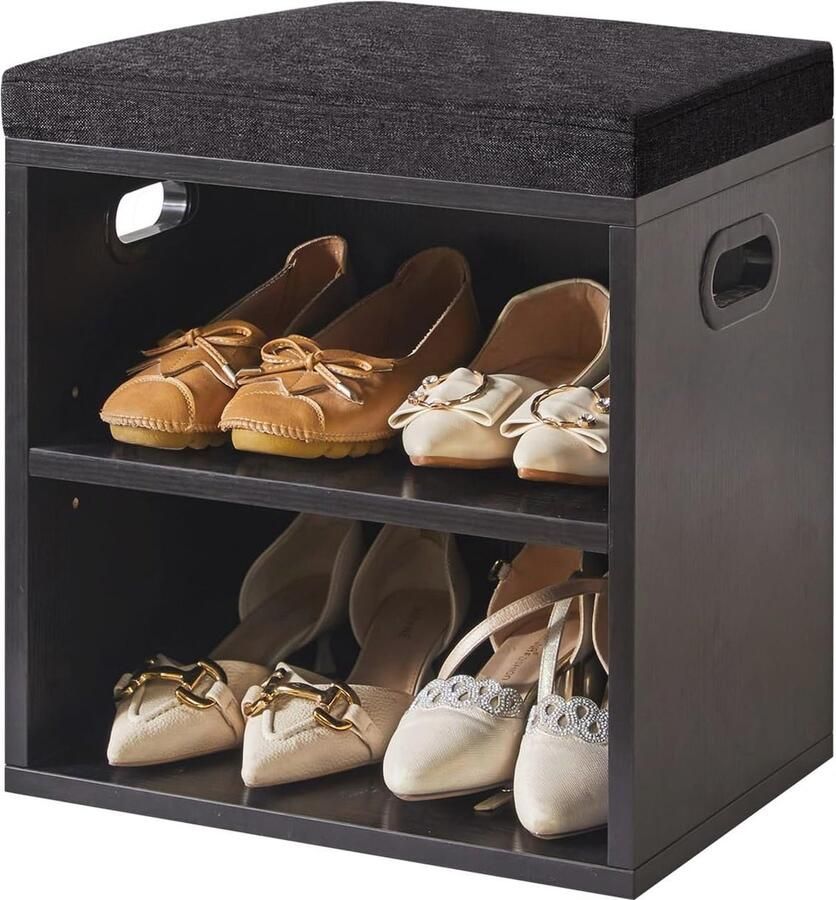 Schoenenopbergbank met Kussen en 2 Niveaus Verstelbare Schoenenorganizer voor Entree Ruimtebesparend en Stabiel 42H x 39L x 28W Zwart - Foto 2