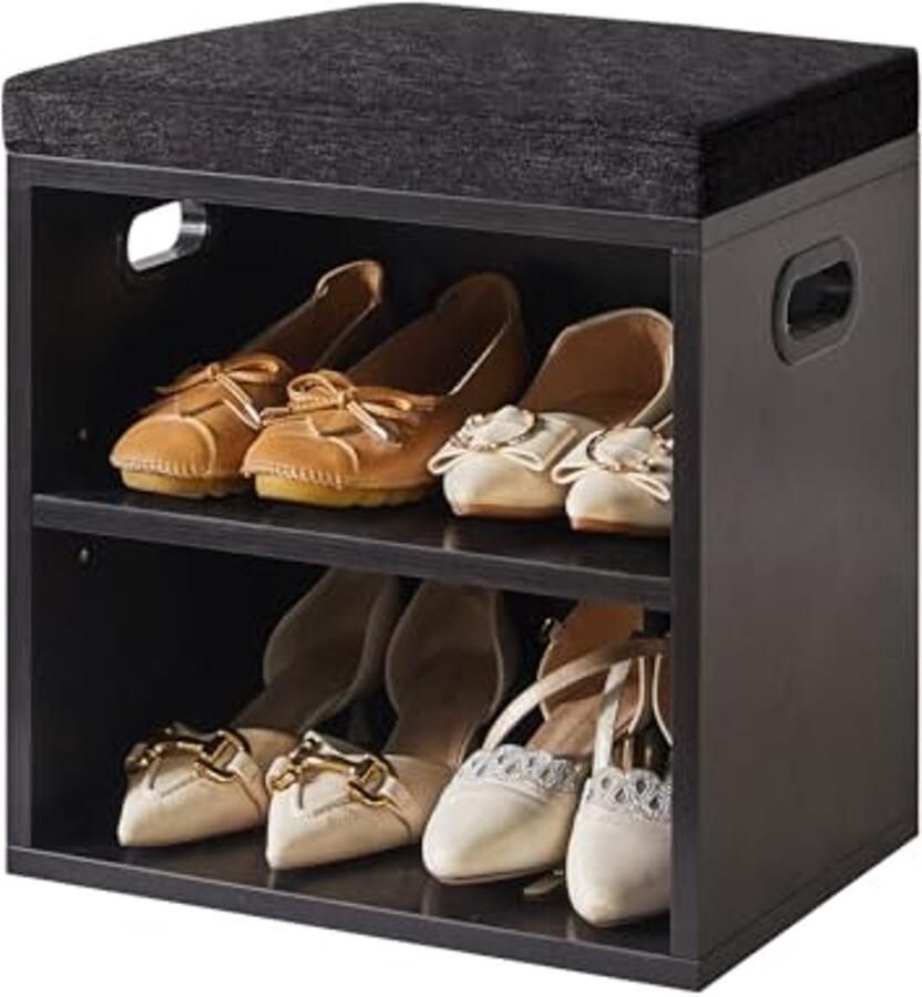 Schoenenopbergbank met Kussen en Verstelbare Organizer voor Entree 2 Niveaus Zwart