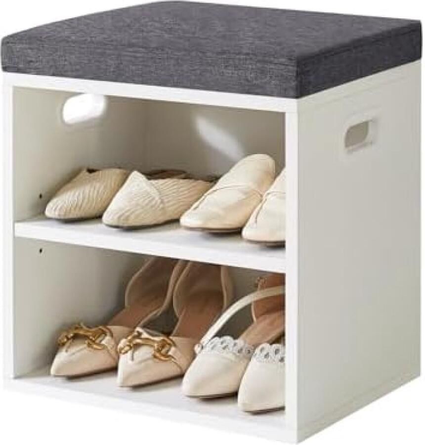 Schoenenopbergbank met kussen schoenenrek met 2 niveaus met gevoerde zitting verstelbare schoenenorganizer voor de entree 42 x 39 x 28 cm wit