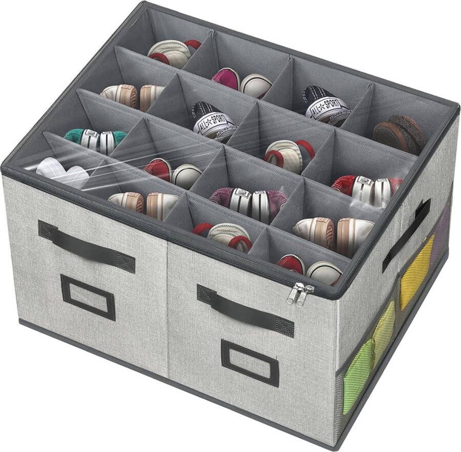 Schoenenopberger met deksel schoenenorganizer met 16 vakken opvouwbare schoenenkast met kijkvenster 4 netzakken label voor platte schoenen sneakers pantoffels (53x43x33cm)