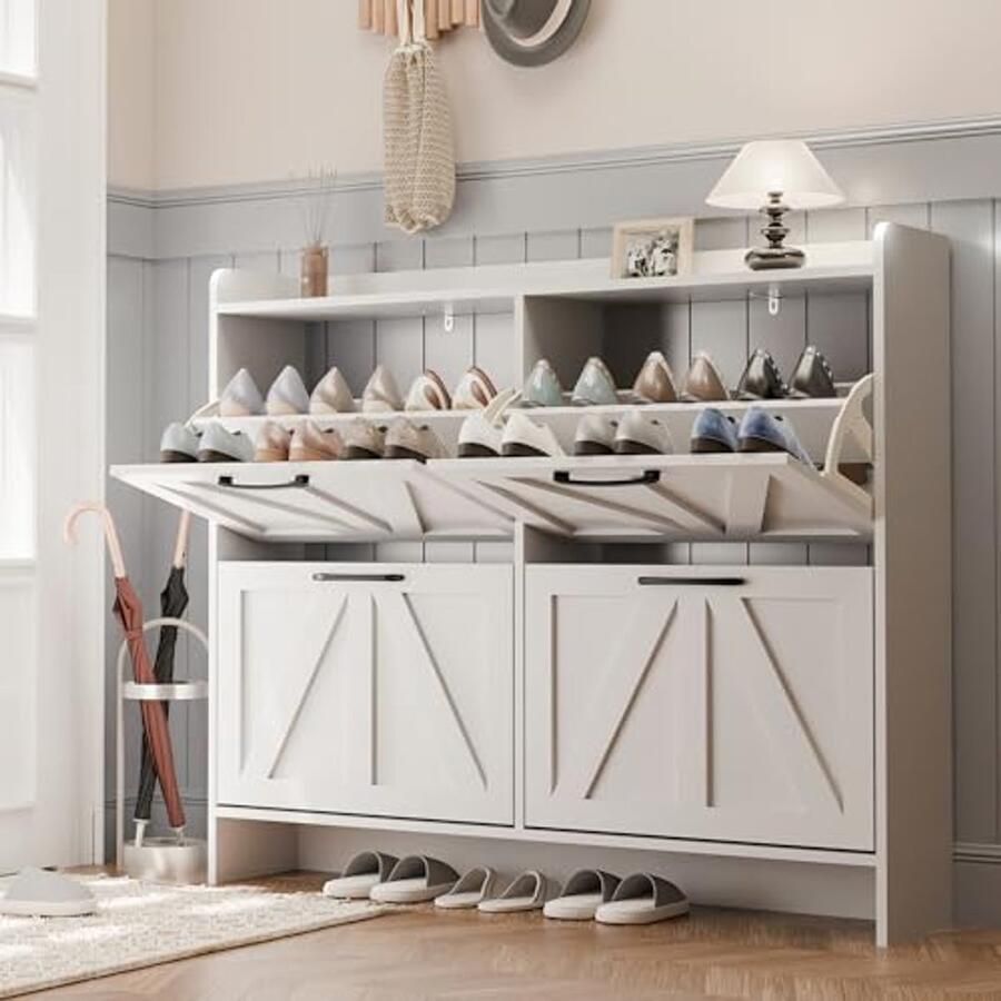 Schoenenopbergkast met 4 Klapladen Vrijstaande Organiser voor Entree Slanke en Stijlvolle Witte Kast