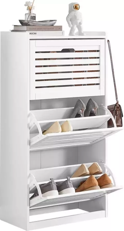 Schoenenopbergkast Schoenenkast 3-bladige schoenenkist Hal Opbergkist voor schoenen met 2 haken wit 55x30x112 cm FSR108-W