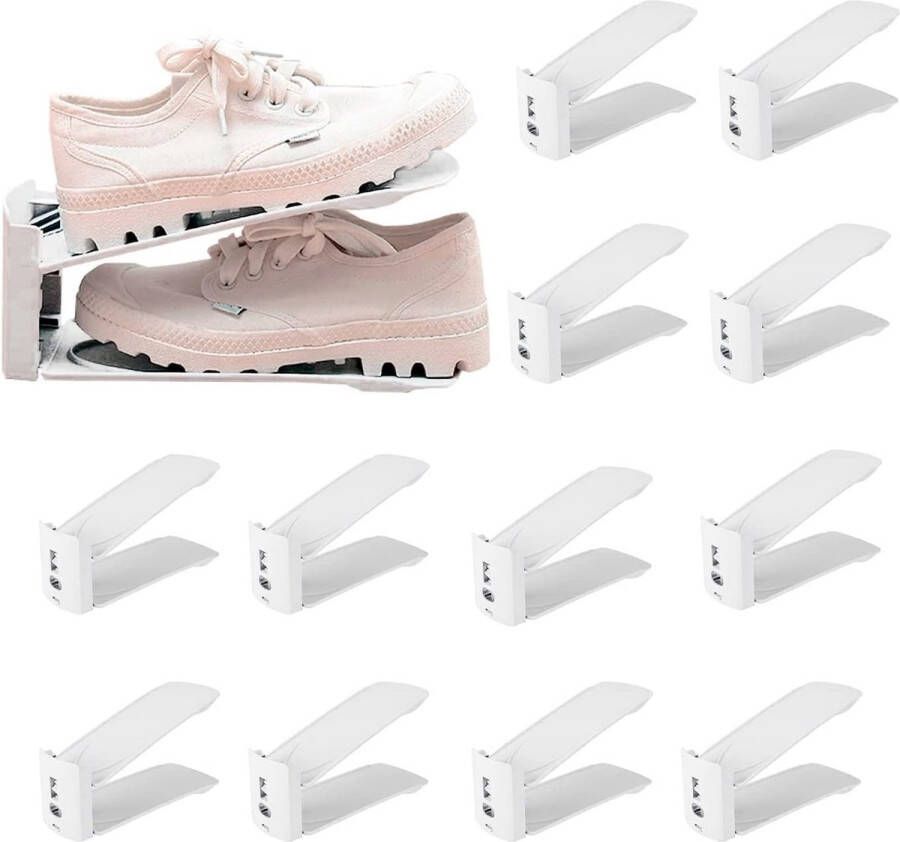 Schoenenorganizer ruimtebesparend antislip schoenenkast schoenenrek 4 in hoogte verstelbaar compatibel met alle soorten schoenen schoenenstapelaar verstelbaar. (verpakking 12 wit)