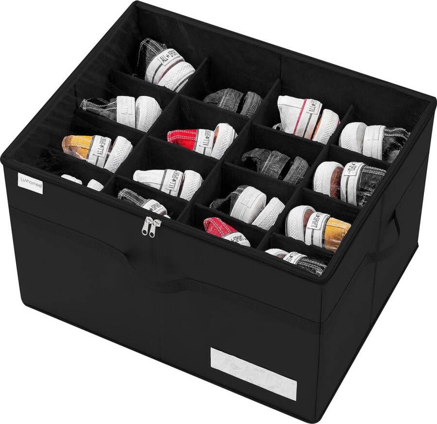 Schoenenorganizer voor kast geschikt voor 16 paar grote schoenenkast schoenendoos met transparante deksel sterke opbergdoos voor schoenenopslag ruimtebesparend schoenenrek met handvatten zwart