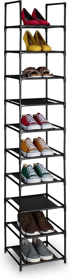Relaxdays schoenenrek 10 etages 175x33x33 cm smal metalen frame stoffen planken zwart-grijs 10 etages